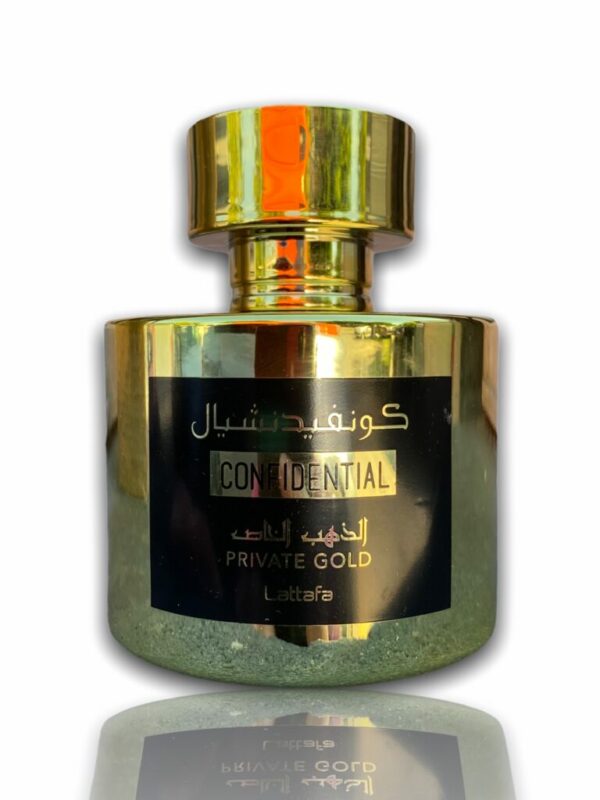 Confidential Private Gold 100ml - Lattafa est une eau de Parfum avec des notes chyprées et fruitée, en passant par des notes tropicales.