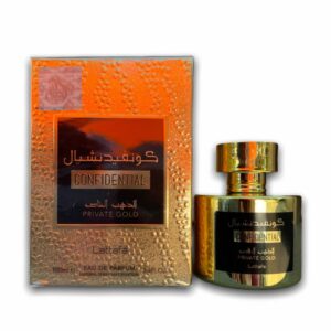 Confidential Private Gold 100ml - Lattafa est une eau de Parfum avec des notes chyprées et fruitée, en passant par des notes tropicales.