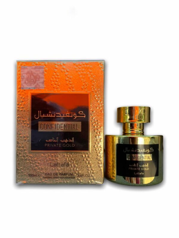 Confidential Private Gold 100ml - Lattafa est une eau de Parfum avec des notes chyprées et fruitée, en passant par des notes tropicales.