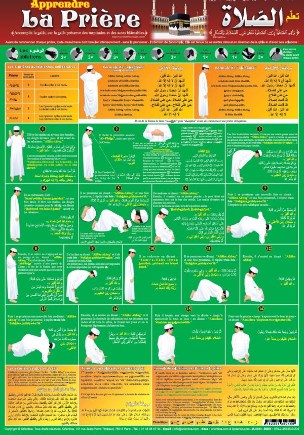 Poster très complet sur l'apprentissage de la prière adapté aux hommes / garçons. La formule d'al-adhân y est détaillée, ainsi que d'al-iqâma, le tachahhûd final, al-salât al-ibrahimiyya, les invocations après la prière... Le visage n'est pas représenté afin de pouvoir l'accrocher également dans les mosquées. La partie haute du poster permet d'apprendre également comment faire les ablutions (woudou).