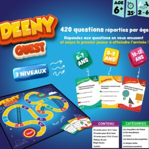 Deeny Quest (Jeu de société 6 à 12 ans) 420 questions-réponses autours de 6 catégories : Les 5 piliers de l’Islam, la foi musulmane, le coran, l'arabe...