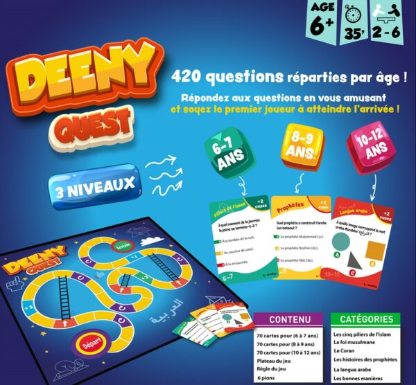 Deeny Quest (Jeu de société 6 à 12 ans) 420 questions-réponses autours de 6 catégories : Les 5 piliers de l’Islam, la foi musulmane, le coran, l'arabe...