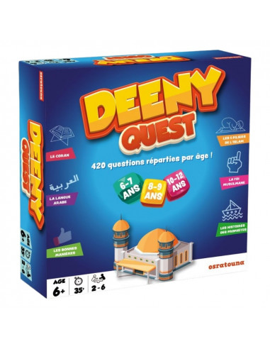 Deeny Quest (Jeu de société 6 à 12 ans) 420 questions-réponses autours de 6 catégories : Les 5 piliers de l’Islam, la foi musulmane, le coran, l'arabe...