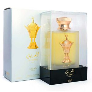 Eau de parfum Al Areeq 100ml – Lattafa Notes de tête : Safran, Thé noirNotes de cœur : Encens, Cuir de DaimNotes de fond : Amberwood, Vanille, Musc