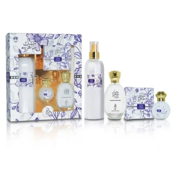 Coffret My Perfumes idéal pour un cadeau. Contenance : -Huile parfumée Musk Tahira 15ml -Bakhour Musk Tahira 40g -Eau de parfum Musk Tahira 35ml -Parfum maison Musk Tahira 250ml